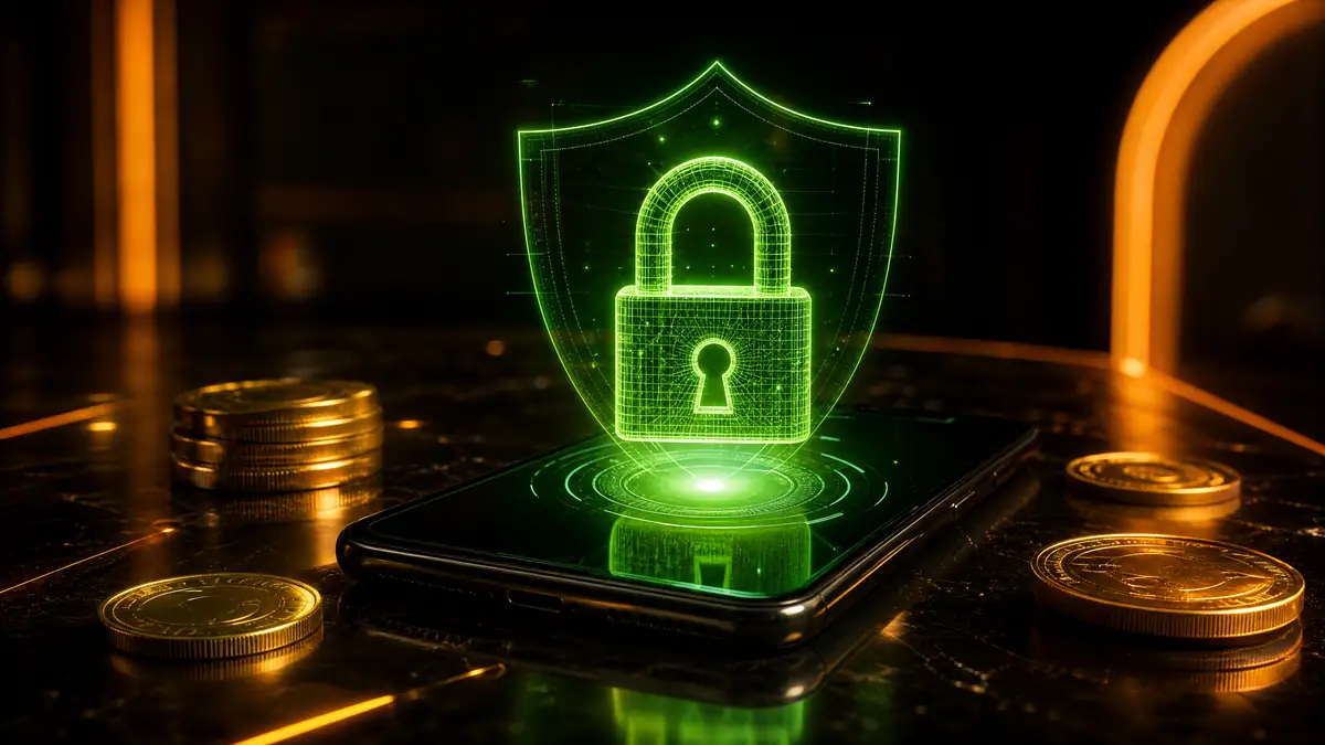 Glowing green padlock hologram over a smartphone with golden coins — Fairplay account security