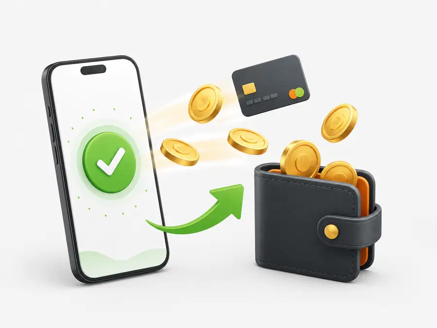 Smartphone with green checkmark sending coins to a wallet — Fairplay fast withdrawal